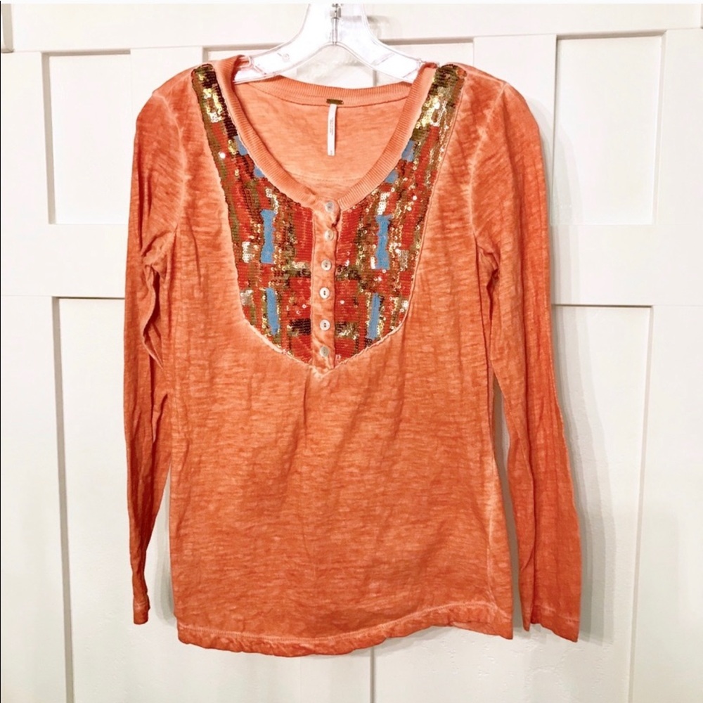 Free People Long Sleeve Embellished T-shirt EUC S